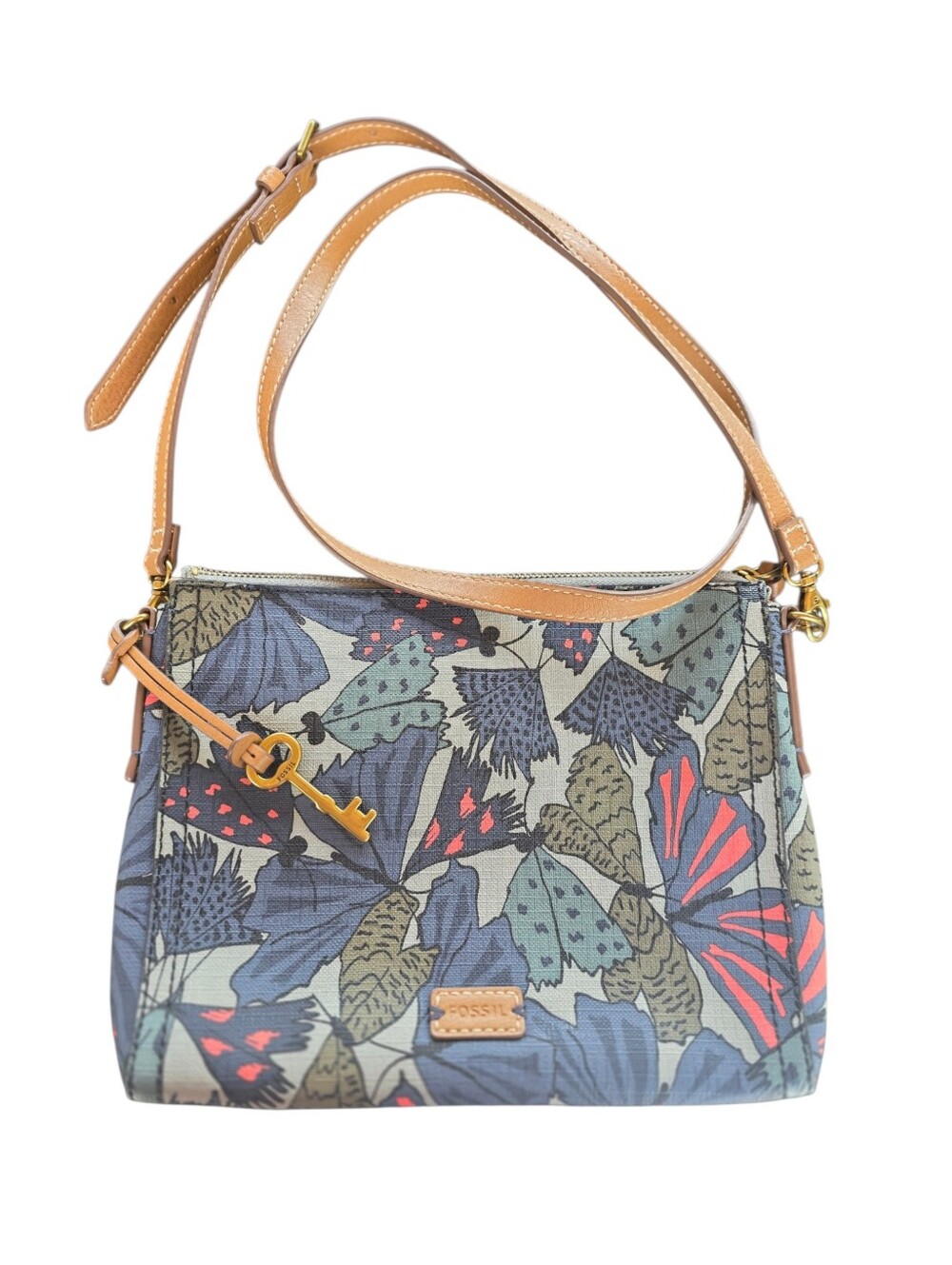 Fossil Floral Canvas Crossbody in Tan and Blue-Multi